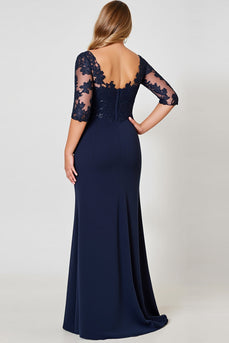 Navy Plus Size V Neck Chiffon Mother of the Bride Dress with Appliques