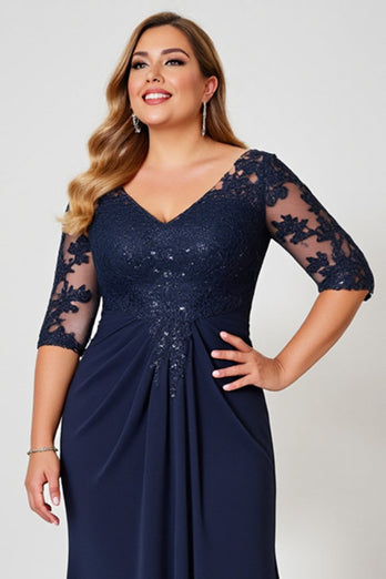 Navy Plus Size V Neck Chiffon Mother of the Bride Dress with Appliques