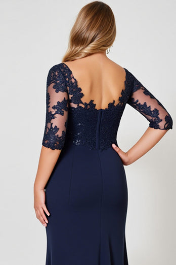 Navy Plus Size V Neck Chiffon Mother of the Bride Dress with Appliques