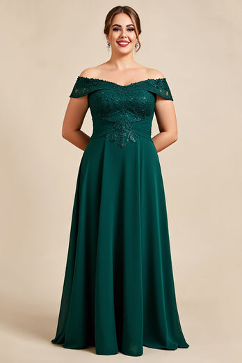 Pine Appliqued A Line Off the Shoulder Plus Size Mother of the Bride Dress