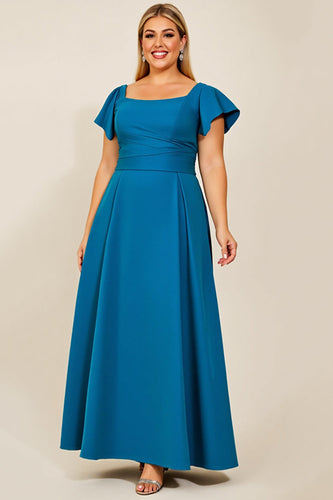 Peacock Satin Square Neck Plus Size Mother of the Bride Dress