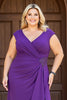 Load image into Gallery viewer, Purple V Neck Plus Size Ruched Mother of the Bride Dress