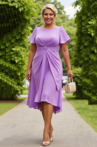Lilac Plus Size Chiffon A Line Ruched Midi Mother of the Bride Dress with Ruffles