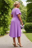 Load image into Gallery viewer, Lilac Plus Size Chiffon A Line Ruched Midi Mother of the Bride Dress with Ruffles