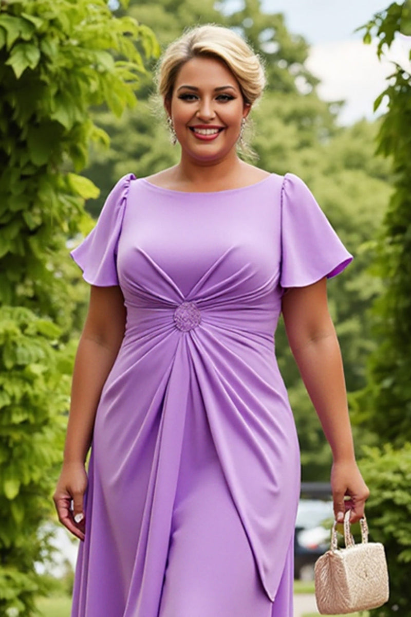 Load image into Gallery viewer, Lilac Plus Size Chiffon A Line Ruched Midi Mother of the Bride Dress with Ruffles