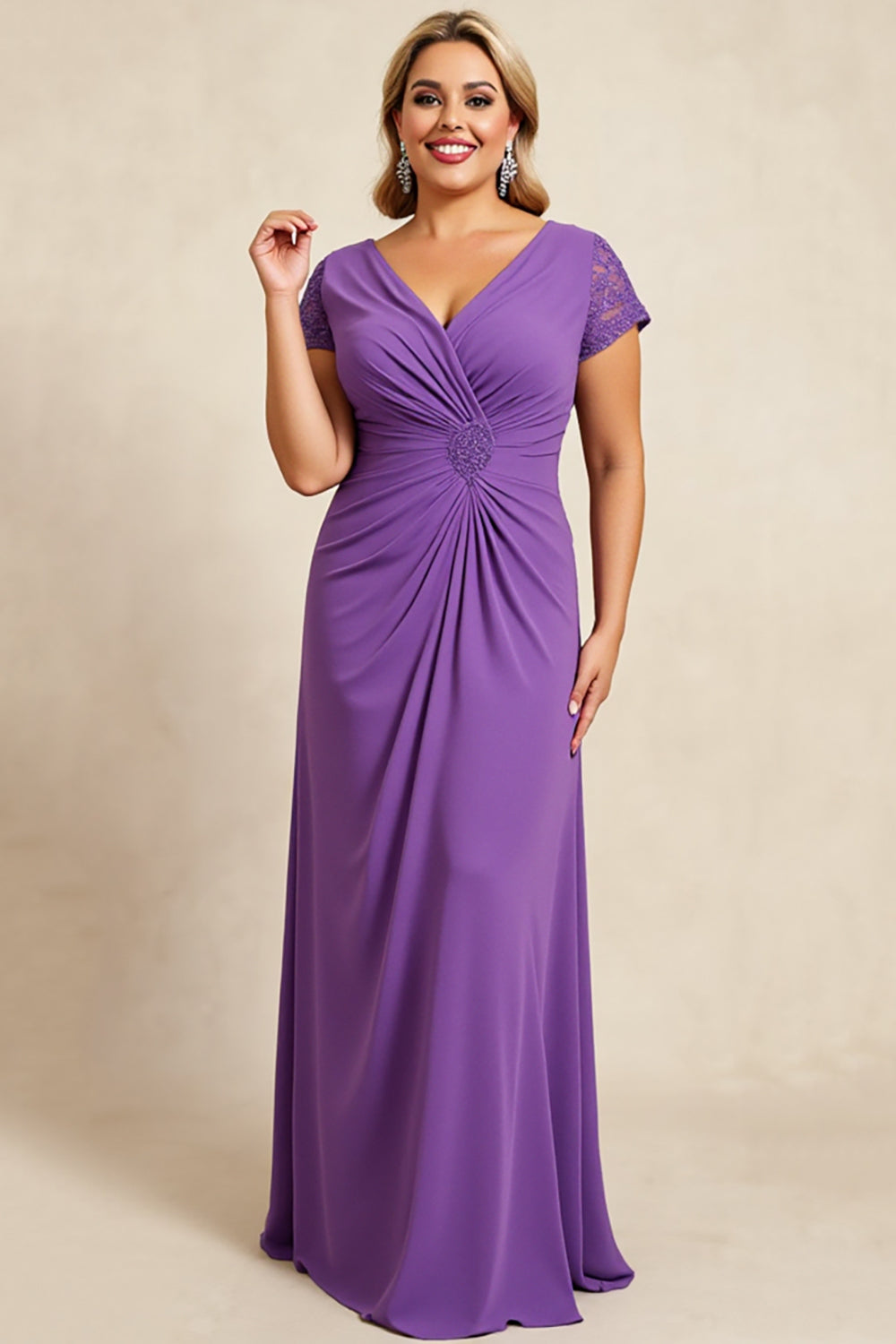 Purple V Neck Ruched Maxi Mother of the Bride Dress