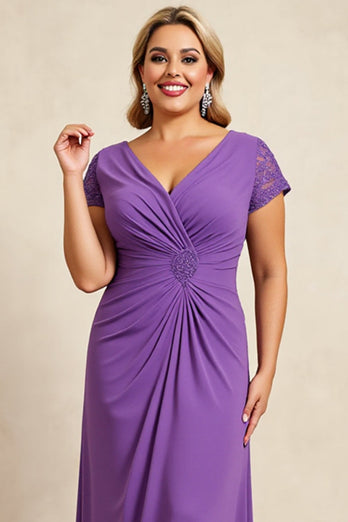 Purple V Neck Ruched Maxi Mother of the Bride Dress