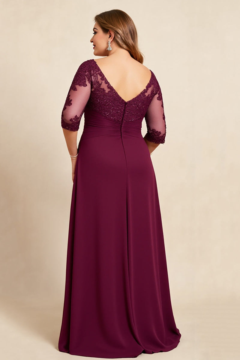 Load image into Gallery viewer, Burgundy Plus Size Appliqued Chiffon Mother of the Bride Dress