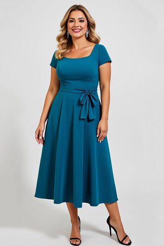 Peacock Square Neck Midi Mother of the Bride Dress with Bow
