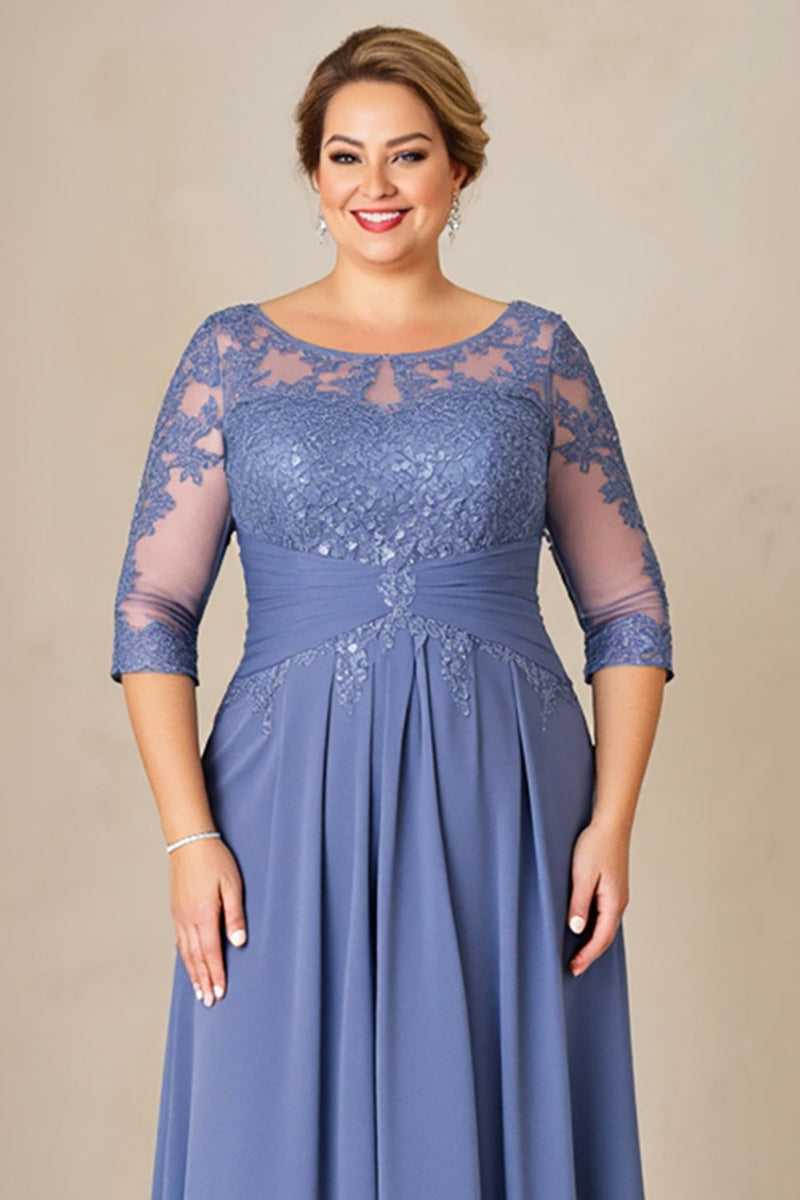 Load image into Gallery viewer, Dusty Blue Plus Size Blue Ruched Mother of the Bride Dress with Appliques