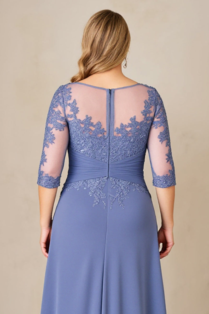Load image into Gallery viewer, Dusty Blue Plus Size Blue Ruched Mother of the Bride Dress with Appliques