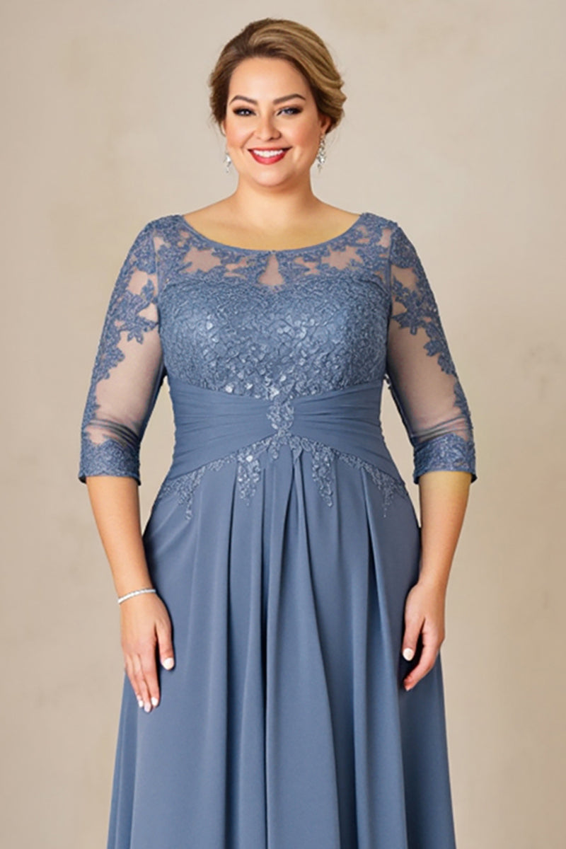 Load image into Gallery viewer, Dusty Blue Plus Size Blue Ruched Mother of the Bride Dress with Appliques