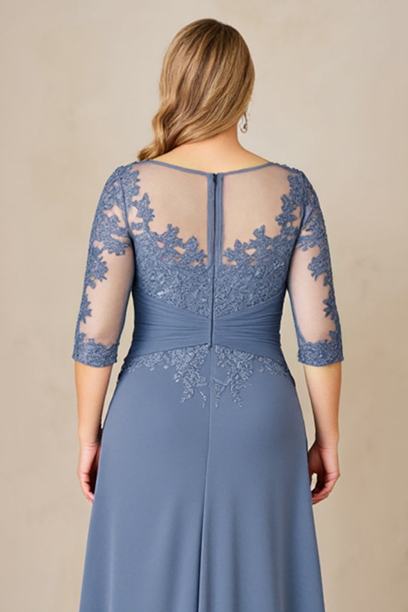 Load image into Gallery viewer, Dusty Blue Plus Size Blue Ruched Mother of the Bride Dress with Appliques