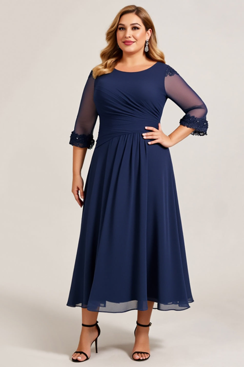 Navy Plus Size A Line Ruched Chiffon Mother of the Bride Dress