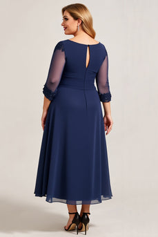 Navy Plus Size A Line Ruched Chiffon Mother of the Bride Dress