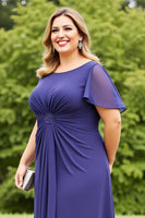 Load image into Gallery viewer, Navy Ruched Chiffon Plus Size Mother of the Bride Dress with Ruffles