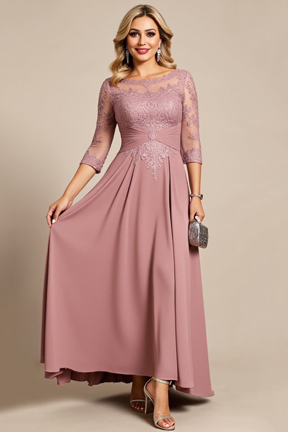 Dusty Rose Illusion Boat Neck Mother of the Bride Dress with Appliques