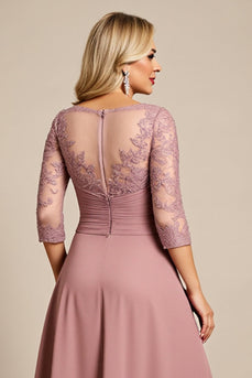 Dusty Rose Illusion Boat Neck Mother of the Bride Dress with Appliques