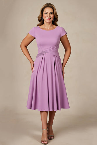 Lilac Chiffon Ruched A Line Midi Mother of the Bride Dress