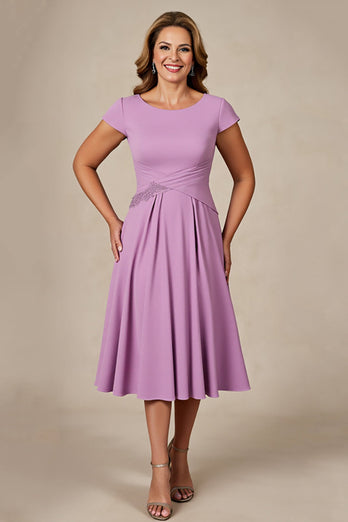 Lilac Chiffon Ruched A Line Midi Mother of the Bride Dress