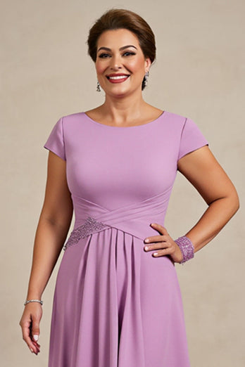 Lilac Chiffon Ruched A Line Midi Mother of the Bride Dress