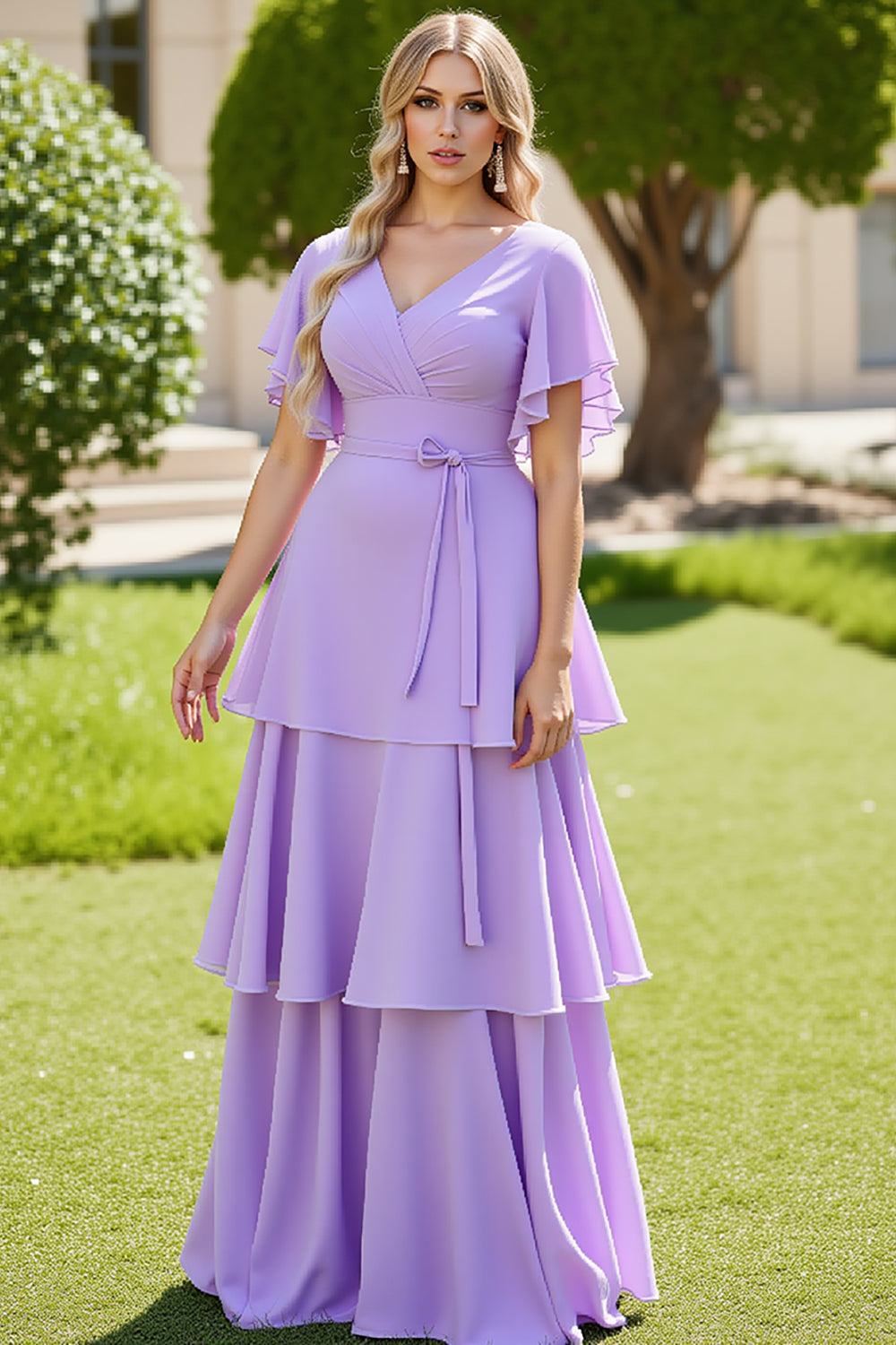 Lilac V Neck A Line Chiffon Maxi Tiered Bridesmaid Dress