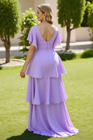 Load image into Gallery viewer, Lilac V Neck A Line Chiffon Maxi Tiered Bridesmaid Dress