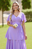 Load image into Gallery viewer, Lilac V Neck A Line Chiffon Maxi Tiered Bridesmaid Dress