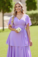 Load image into Gallery viewer, Lilac V Neck A Line Chiffon Maxi Tiered Bridesmaid Dress
