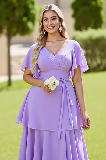 Lilac V Neck A Line Chiffon Maxi Tiered Bridesmaid Dress