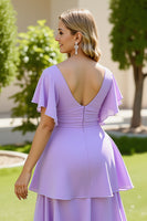 Load image into Gallery viewer, Lilac V Neck A Line Chiffon Maxi Tiered Bridesmaid Dress