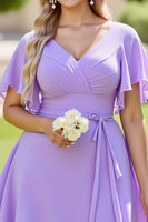 Load image into Gallery viewer, Lilac V Neck A Line Chiffon Maxi Tiered Bridesmaid Dress