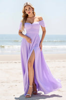 Load image into Gallery viewer, Lilac Off the Shoulder A Line Chiffon Maxi Bridesmaid Dress with Slit
