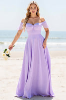 Load image into Gallery viewer, Lilac Off the Shoulder A Line Chiffon Maxi Bridesmaid Dress with Slit