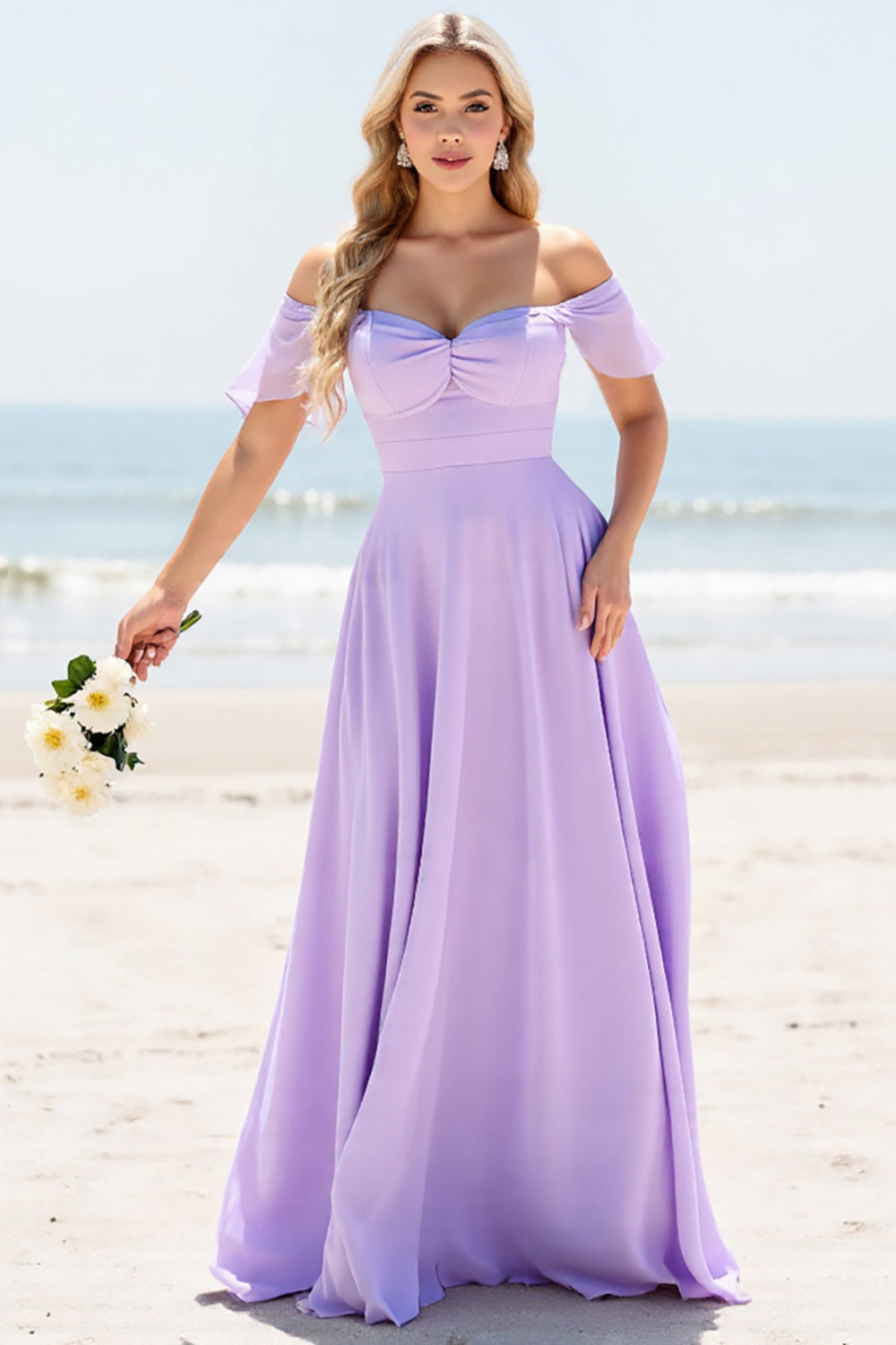 Lilac Off the Shoulder A Line Chiffon Maxi Bridesmaid Dress with Slit