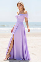 Load image into Gallery viewer, Lilac Off the Shoulder A Line Chiffon Maxi Bridesmaid Dress with Slit