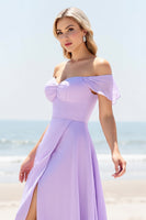 Load image into Gallery viewer, Lilac Off the Shoulder A Line Chiffon Maxi Bridesmaid Dress with Slit