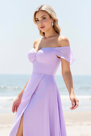 Lilac Off the Shoulder A Line Chiffon Maxi Bridesmaid Dress with Slit