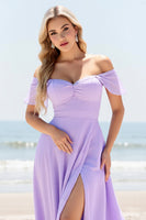 Load image into Gallery viewer, Lilac Off the Shoulder A Line Chiffon Maxi Bridesmaid Dress with Slit
