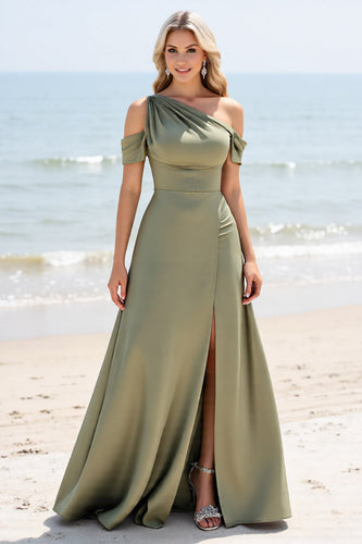 Olive A Line One Shoulder Satin Maxi Bridesmaid Dress with Slit