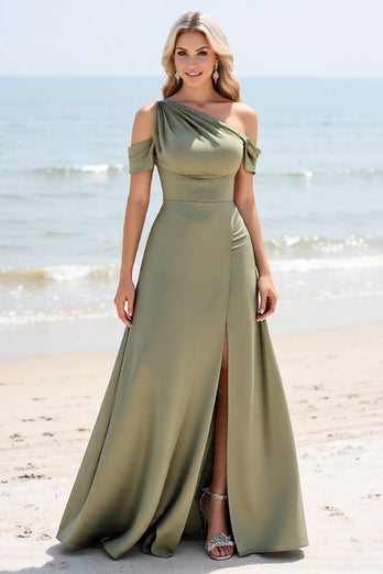 Olive A Line One Shoulder Satin Maxi Bridesmaid Dress with Slit