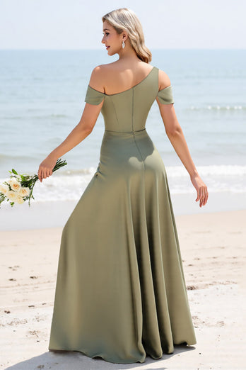 Olive A Line One Shoulder Satin Maxi Bridesmaid Dress with Slit
