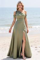 Load image into Gallery viewer, Olive A Line One Shoulder Satin Maxi Bridesmaid Dress with Slit