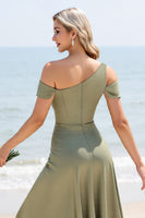 Load image into Gallery viewer, Olive A Line One Shoulder Satin Maxi Bridesmaid Dress with Slit