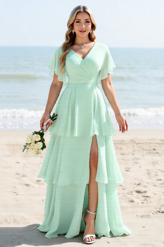 Mint Chiffon V Neck Maxi A Line Tiered Bridesmaid Dress