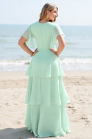 Load image into Gallery viewer, Mint Chiffon V Neck Maxi A Line Tiered Bridesmaid Dress