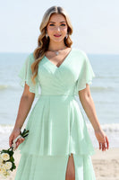 Load image into Gallery viewer, Mint Chiffon V Neck Maxi A Line Tiered Bridesmaid Dress