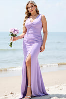 Load image into Gallery viewer, Lilac Maxi V Neck Mermaid Bridesmaid Dress with Slit