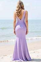 Load image into Gallery viewer, Lilac Maxi V Neck Mermaid Bridesmaid Dress with Slit