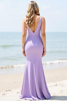 Lilac Maxi V Neck Mermaid Bridesmaid Dress with Slit